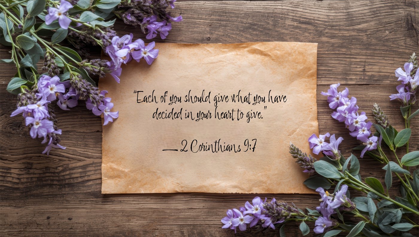 Scripture — 2 Corinthians 9:7 — with flowers, faith at the heart of the firm