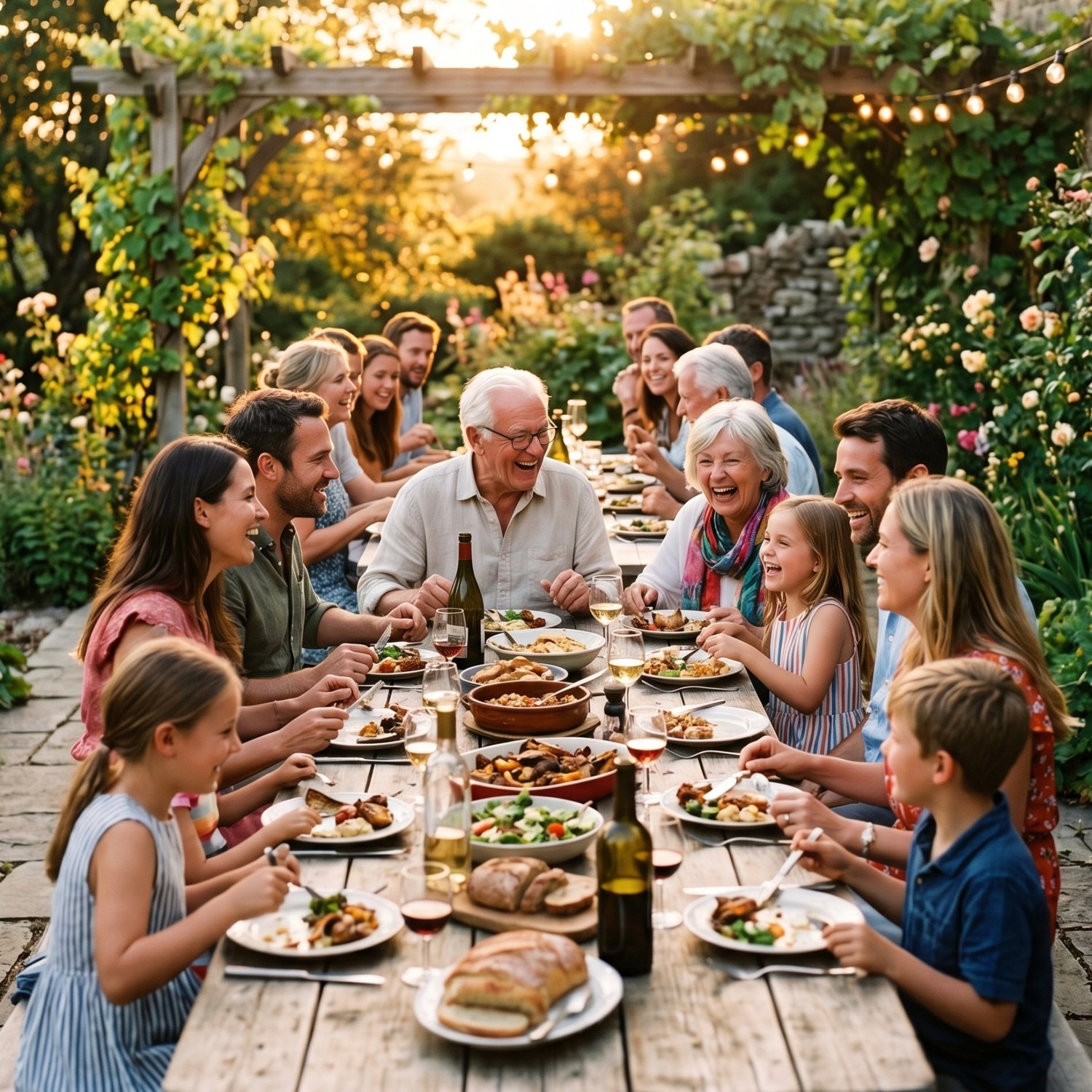 A multigenerational family sharing a meal outdoors
