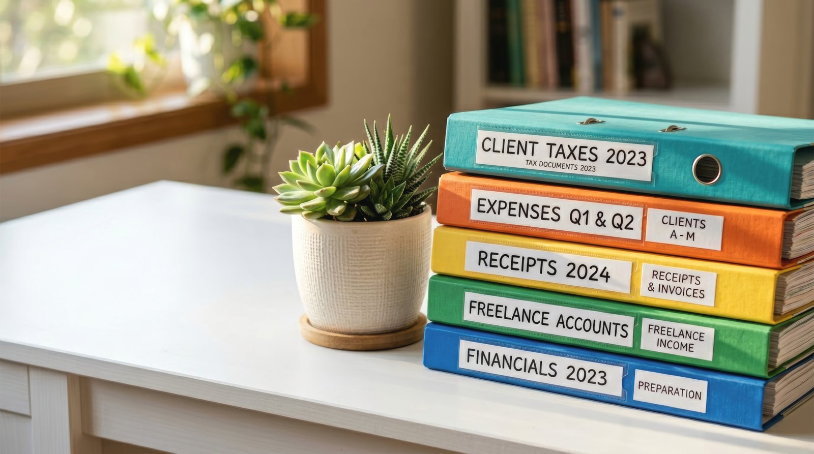 Neatly organized, color-coded client binders for taxes, expenses, receipts and financials